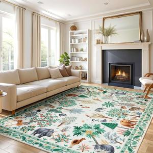 9x12 Jungle Animal Print Area Rug for Kid Bedroom & Living Room Beige
