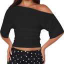 YFANG Women's Off Shoulder Short Sleeve Crop top Ruched Asymmetrical Y2K Going Out T Shirt (XS)