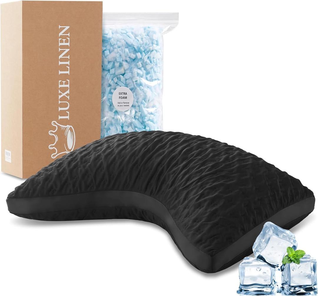 Cooling Contour Pillow for Side and Back Hot Sleepers Curved Memory Foam Pillow for Neck and Shoulder Pain Relief - Adjustable Shredded Memory Foam with Washable Cover Black Queen Size (Black Quilt-like Crescent)