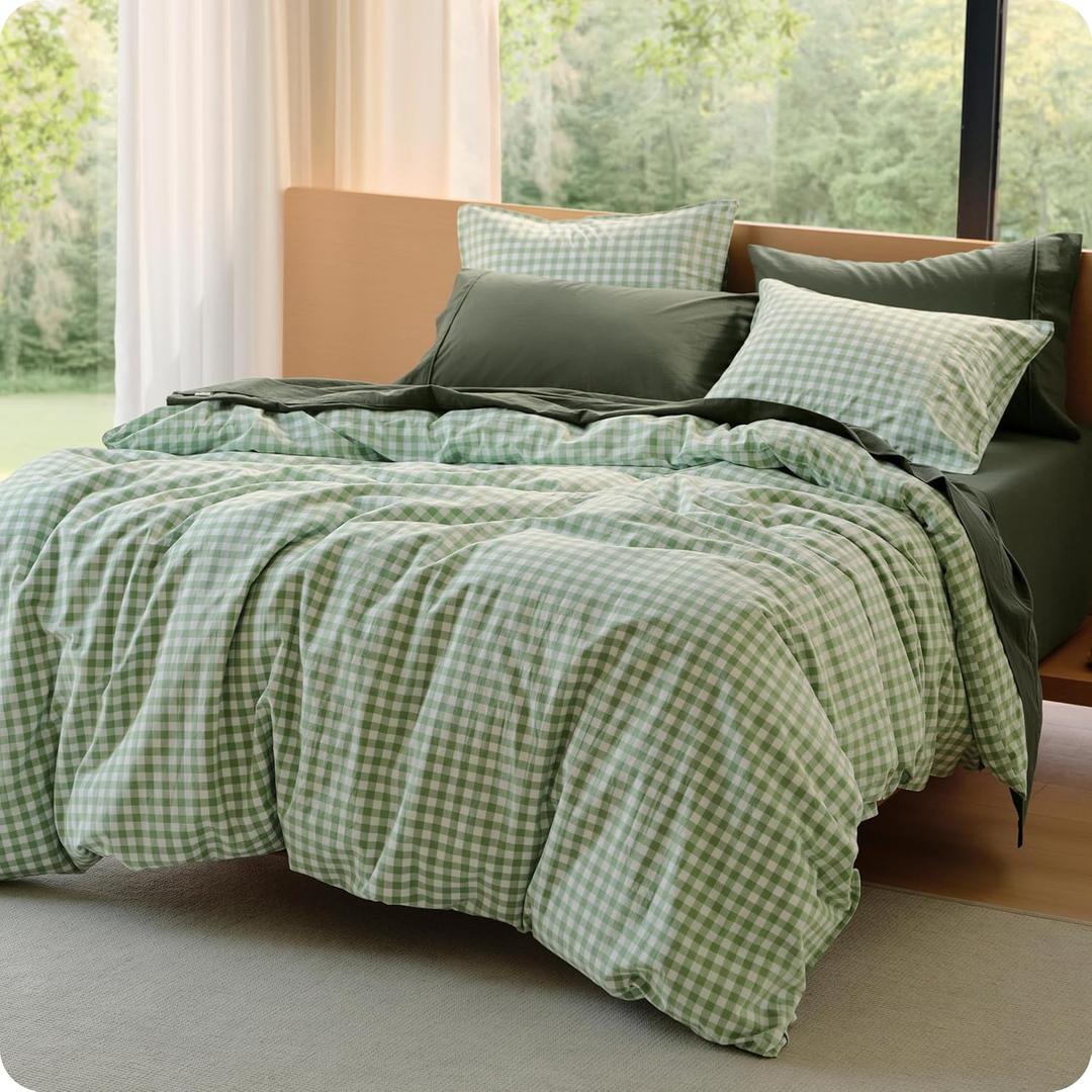 Bedsure Gingham Duvet Cover Queen, 100% Washed Cotton Duvet Cover LinenLike, PureWoven with Reversible YarnDyed Design & DoubleStitch Craft, 3-Piece with Zipper, Gingham Willow Green, 90"x90"