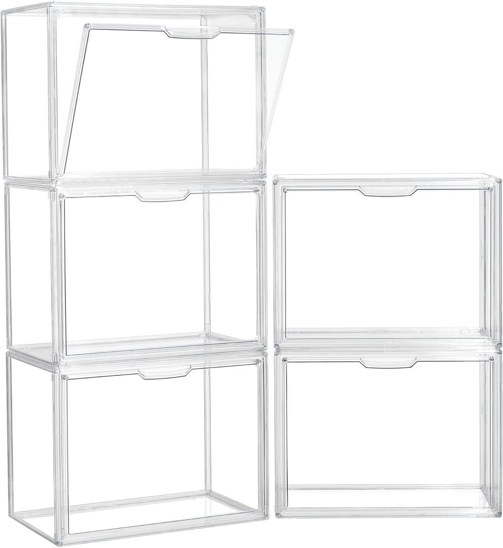Clear Storage Bins with Lids, 5 Pack Acrylic Display Case with Magnetic Door for Cosmetic Collectibles Large Figures Models, Stackable Acrylic Storage Box for Home Office Living Room Dorm