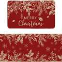 Artoid Mode Holly Pine Branches Leaves Merry Christmas Kitchen Mats Set of 2, Winter Decor Low-Profile Kitchen Rugs for Floor - 17x29 and 17x47 Inch (Red)