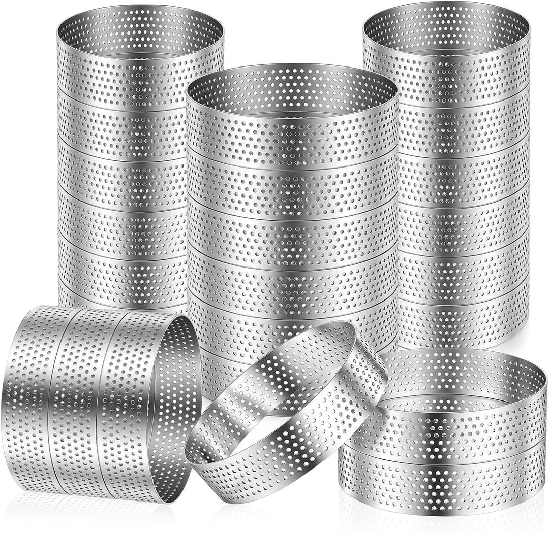 24 Pcs Tart Ring Round Stainless Steel 3.15 Inches and 2.36 Inches Perforated Tart Ring, Metal Pastry Mold Heat-Resistant Perforated Cake Mousse Rings Small Fruit Tarte Crust Tools for Baking
