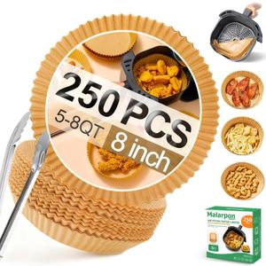250 Pcs Air Fryer Liners Disposable 8 Inch Round  Non-Stick Oil-Resistant Air Fryer Paper Liners for 58 QT Baskets  Parchment Paper Liners for Air Fryer, Oven, and Microwave Use
