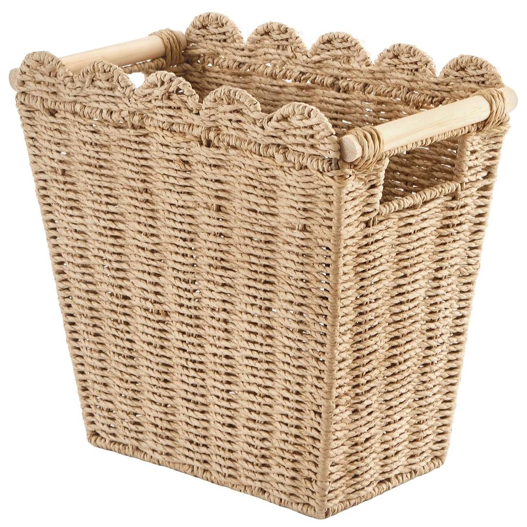 Scalloped Wicker Trash Can, 3.5 Gallons Small Bathroom Wastebasket, Rattan Paper Rope Waste Basket for Bedroom, Toilet, Narrow Garbage Can for Farmhouse Warming Home Kitchen Bathroom Decor
