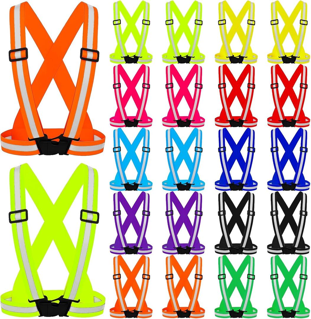 20 Pcs Reflective Vest Running Gear, High Visible Multicolor Adjustable Reflective Vest Elastic Bright Neon Lightweight Safety Straps for Men Women Night Walking Running Cycling Jogging