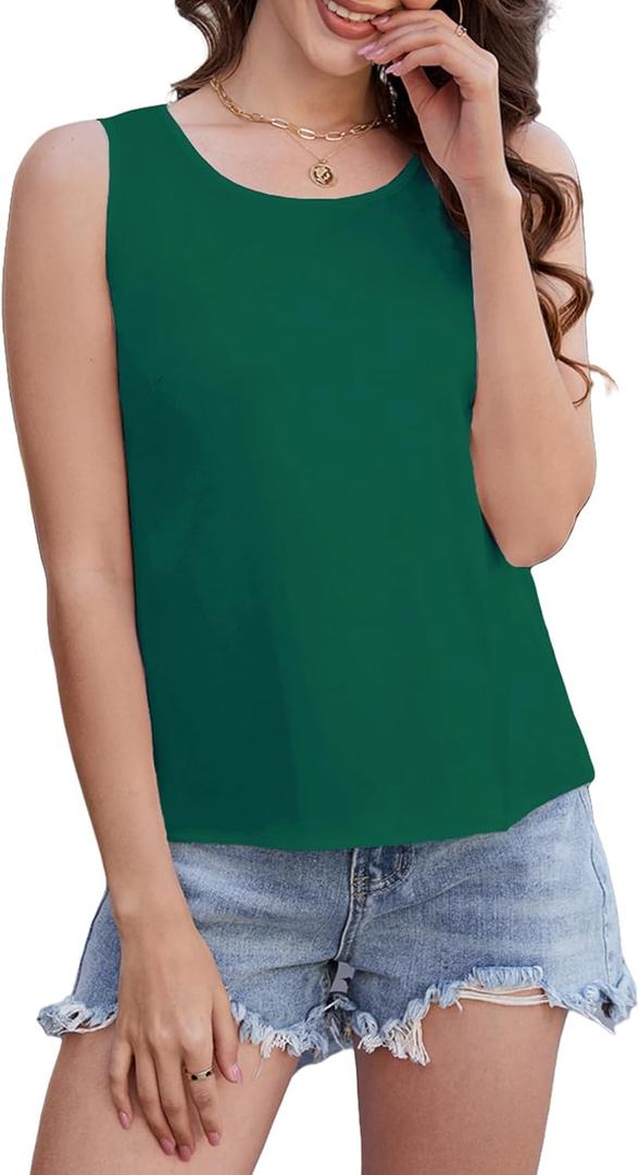 Silk Satin Tank Tops for Women Camisole Crew Neck Sleeveless Cami Summer 2025 (Green, L)