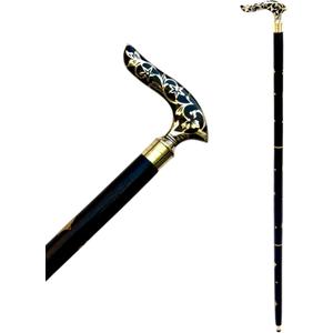 Wooden Walking Stick with Brass Handle  Handcrafted Vintage-Style Mobility Cane for Men & Women  Solid Wood Shaft with Decorative Brass Grip (Black Gold Inlay)