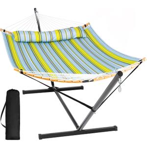 SUNCREAT Portable Outdoor Hammock with Stand Included, Double Hammock with Stand for Outside, Yellow Blue