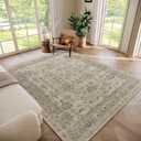 Washable 5x7 Area Rugs for Living Room, Boho Non-Slip Vintage Distress Rugs for Bedroom Dining Room Nursery Office, 0.3" Neutral Oriental Throw Thin Carpet with Cushioning Pad, Flaxen/Brown/Multi