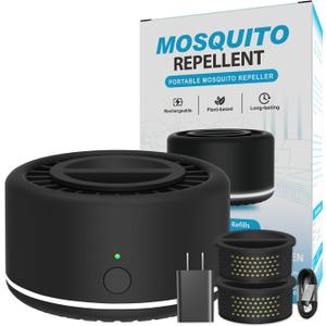 Mosquito Repellent Outdoor Patio, Recharageable Mosquito Repeller 2 Plant-Based Refills, Ready-to-use Mosquito Repeller Device for Camping Outing(Black, Pack of 1)