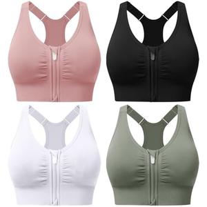 Zip Front Sports Bras for Women Adjustable Racerback Medium Support Bras Padded Post-Surgery Bras Seamless Yoga Athletic Bra M