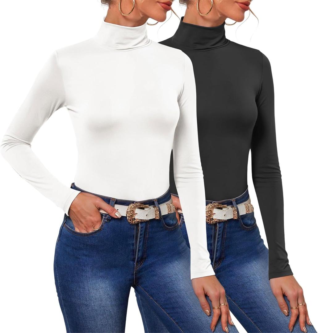 POPZONE 2 Pack Women's Turtleneck Long Sleeve Tops Mock Neck Slim Fit Shirt Basic Soft Lightweight Base Layer Undershirts (Medium, Black, White)