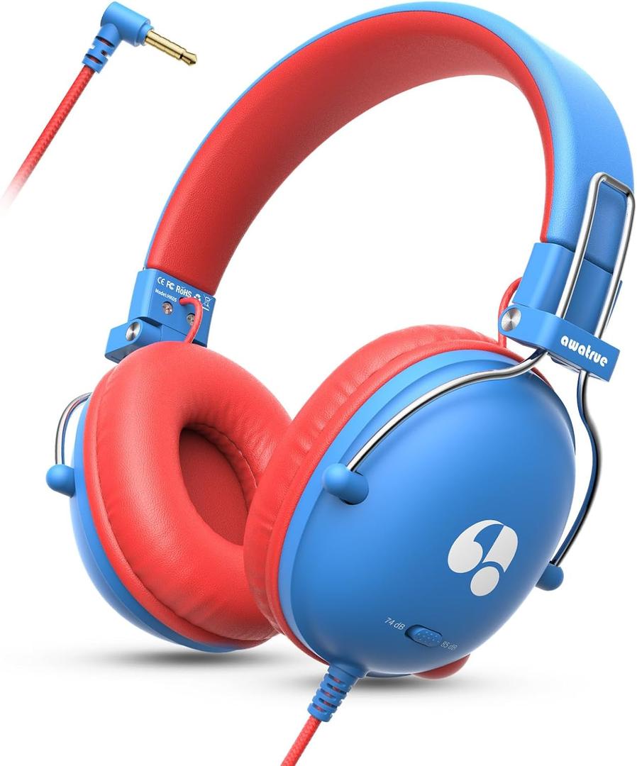 Kids Headphones for School, 74/85dB Safe Volume Limit, Stereo Sound, Wired On-Ear Headphones for Kids Boys Girls, 3.5mm Jack for Tablet, iPad, Kindle, YOTO Player, Airplane Travel, Blue