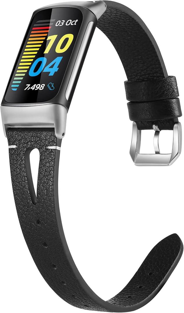 Wearlizer Compatible with Fitbit Charge 6/Charge 5 Bands - Slim Leather Watch Band Replacement Strap Accessories for Women & Men, Black