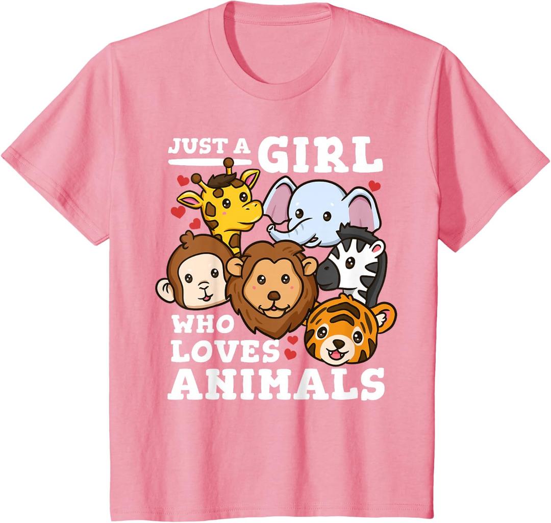 Kids Zoo Animals Elephant Giraffe T-Shirt (Pink, XS)