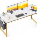 ODK Computer Desk Large Office Desk, 55 Inch Gaming Desk with Storage, Modern PC Desk Work Table with Headphone Hook for Home Office, White Marble + Gold Leg