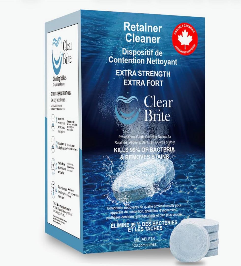 Proudly Canadian ClearBrite Naturals Retainer Cleaner Tablets, 120 Tablets (4 Month Supply), Extra Strength for Retainers, Aligners, Night Guards, Mouth Guards & Dentures