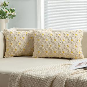 EMEMA Spring Summer Decorative Throw Pillow Covers 12x20 Inch Set of 2 Soft Plush Faux Couch Pillow Covers Sun Flower Pillowcase Cushion Case Holiday for Home Decor Sofa Bed Living Room Beige