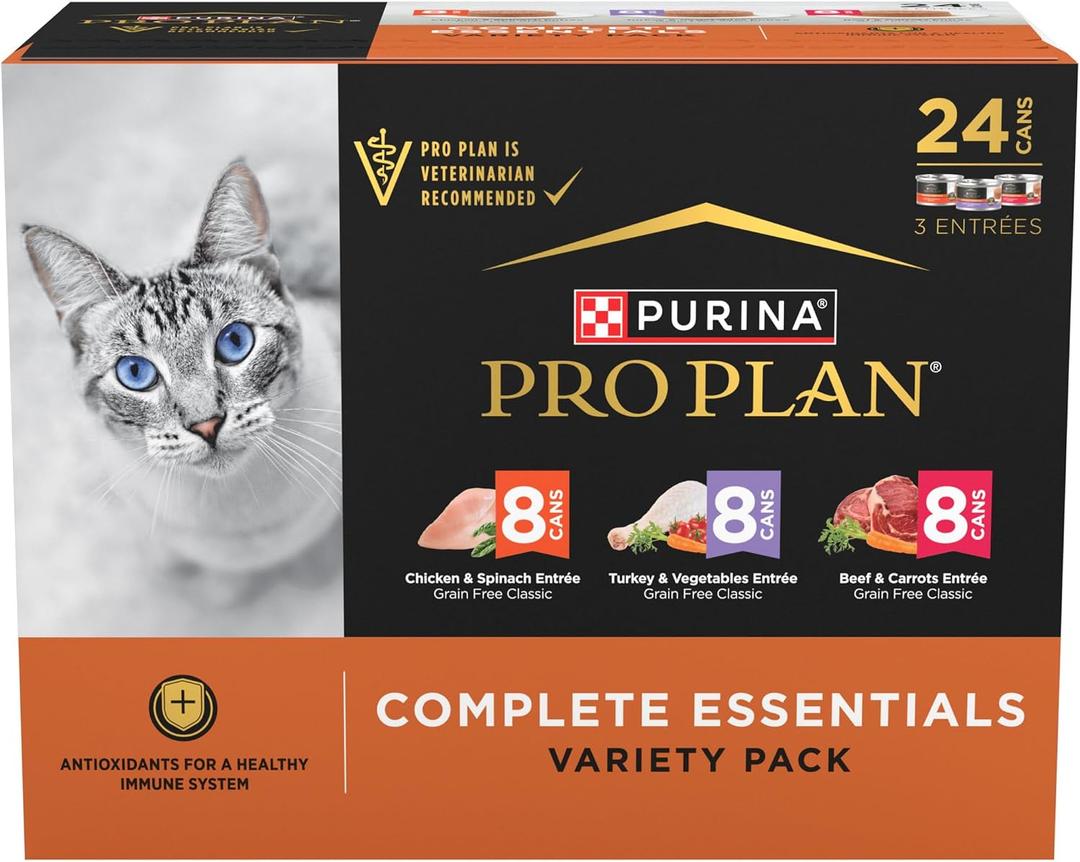 Purina Pro Plan Complete Essentials Chicken, Turkey and Beef Grain Free Wet Cat Food Variety Pack - (24) 3 oz. Cans (EXP 03/01/28)