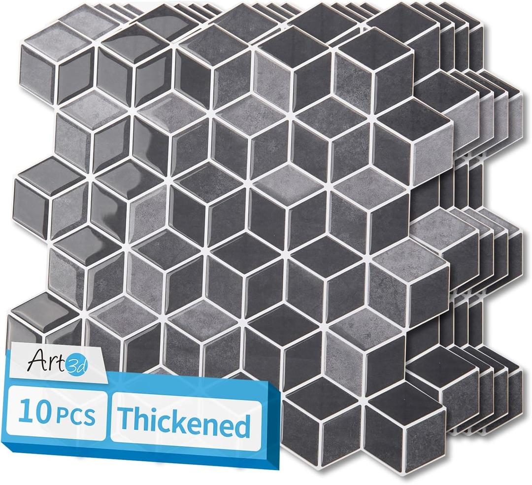 Art3d 10-Sheet Peel and Stick Backsplash Tiles, 12x12 Inch Self-Adhesive 3D Wall Tiles for Kitchen, Bathroom, Countertop - Thickened Waterproof Design (Graphite Gray)