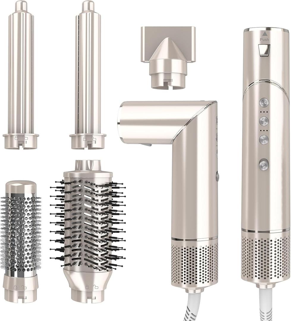 5 in 1 Blow Dryer Brush & Hot Air Styler110,000 RPM High-Speed Hair Dryer with Auto Wrap Curlers & Ionic Technology, Hot Air Brush Wrap Fast Drying, Curling/Volumizing/Straightening - Gold