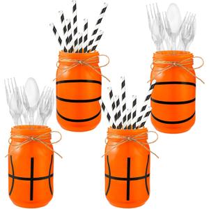Blushtier 4 Pcs Basketball Mason Jar Centerpiece for Table Basketball Themed Decoration Painted Mason Jar Table Toppers Decor 17 oz for Sports Enthusiasts Birthday Gifts Party Favors Supplies