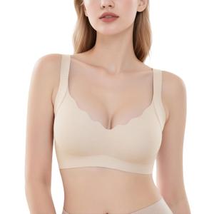 Scalloped Lift Bras for Women No Underwire Wireless Push Up Comfortable Bralette Supportive Seamless T-Shirt Bra (Medium, Nude)
