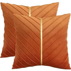 Tosleo Orange Velvet Throw Pillow Covers 24x24 inch Pack of 2 with Gold Leather Halloween Decorative Couch Pillowcases Luxury Modern Pillow Cover for Fall Living Room Bedroom Sofa Cushion Bed