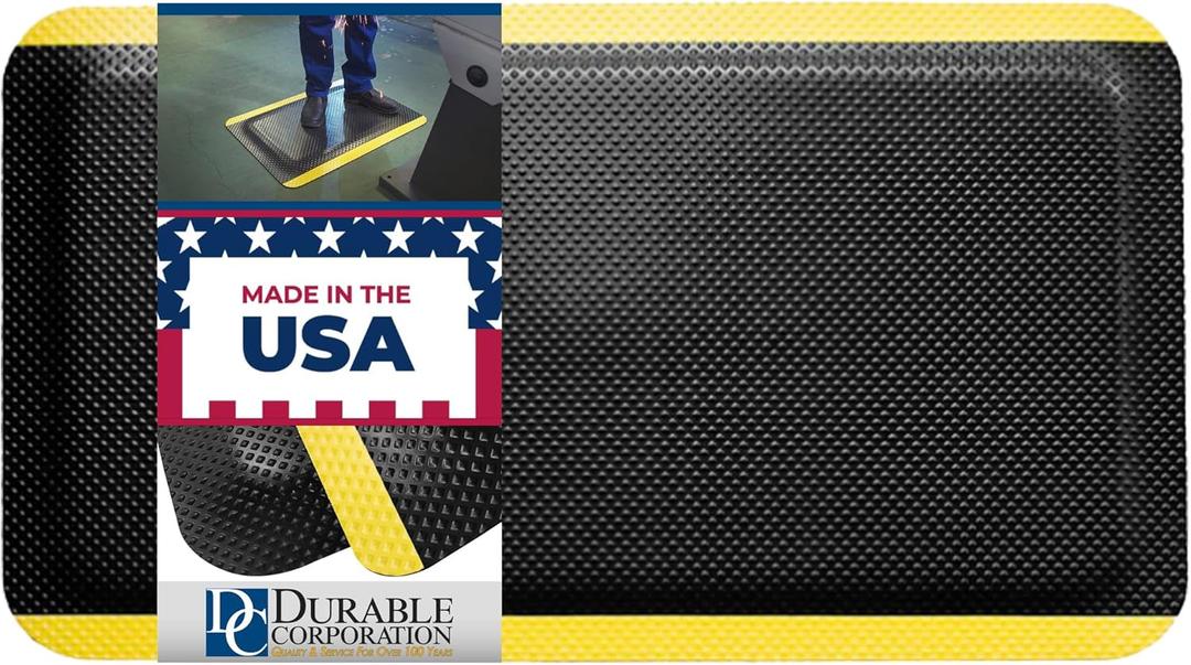 Durable Corp Grand Comfort Floor Mat, Anti Fatigue Heavy Duty Waterproof Non Slip Textured Rubber for Productivity and Comfort, Indoor Outdoor for Kitchen or Industrial, 36x60 In, Black, Yellow Border
