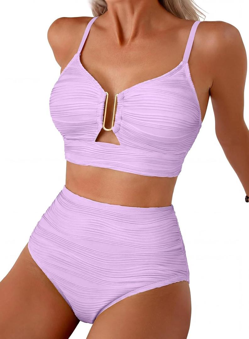 Herseas 2 Piece Bikini Set U-Wire Cutout Popular Swimsuit High Waisted Textured 2026 Summer Beach Swim Bathing Suits (Purple, XXL)