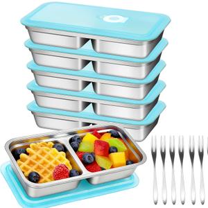 Vovyager 6 Pack Stainless Steel Snack Containers, Grab and Go Reusable Double Compartment Food Storage Containers with Lids, Meal Prep Lunch Box Containers for Lunch Camping Travel Gym and Daily Use