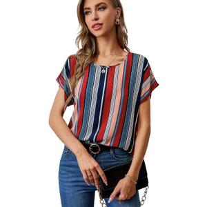 Floerns Women's Short Sleeve Office Blouse (Beige Red Striped), S