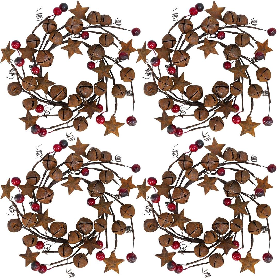 Winlyn 4 Pcs Christmas Jingle Bells Candle Rings Rusty Bells and Stars Wreaths Burgundy Berries 4.1" Center Mini Decorative Wreaths for Primitive Farmhouse Holiday Home Table Decoration Centerpiece