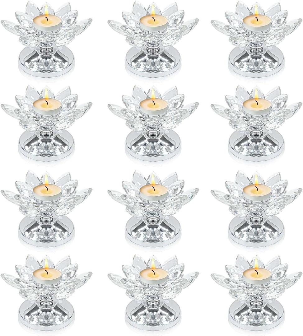 12 PCS Silver Crystal Flower Tea Light Holder, Bulk Glass Tealight Candlestick with Metal Base, Votive Candle for Table Centerpiece, Wedding,Parties Decor, Nice Gift