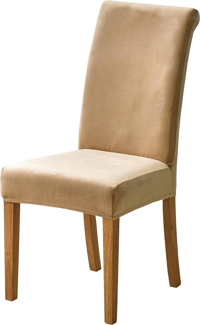 Velvet Chair Covers for Dining Chairs Set of 6, Stretchy Soft Parson Chair Covers Removable Washable Kitchen Dining Room Chair Slipcovers with Elastic for Universal Fit (Beige)