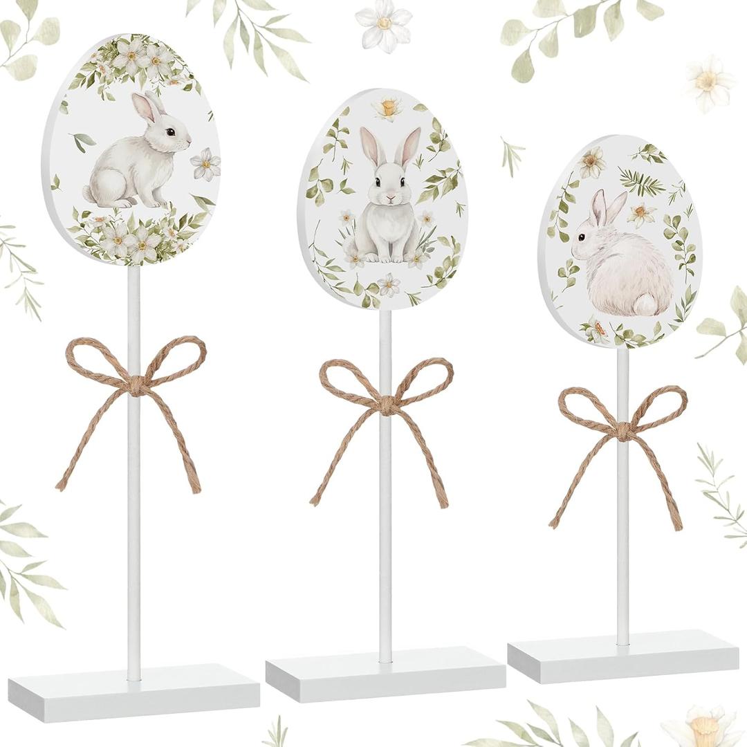 Kathfly 3 Pcs Easter Egg Bunny Table Decor Rustic Easter Egg Table Wooden Standing Sign Block Bunny Farmhouse Spring Centerpiece Wood Rabbit Leaves Colorful Tiered Tray Decor for Home Mantel Office