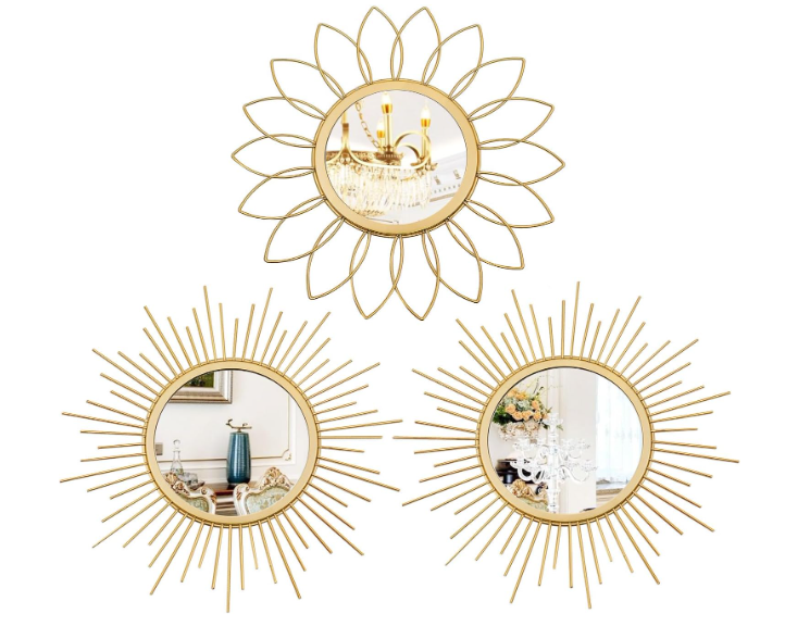 3 Pack Metal Mirrors for Wall Sunburst Wall Mirrors Home Décor Decorative Hanging Wall Art for Living Room Bedroom Entryway (Gold, Sunburst)