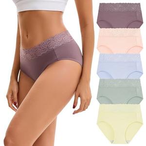 INNERSY Womens Cotton Underwear Lace Bikini Hipster Panties for Women High Waisted Ladies Briefs 5 Pack, L