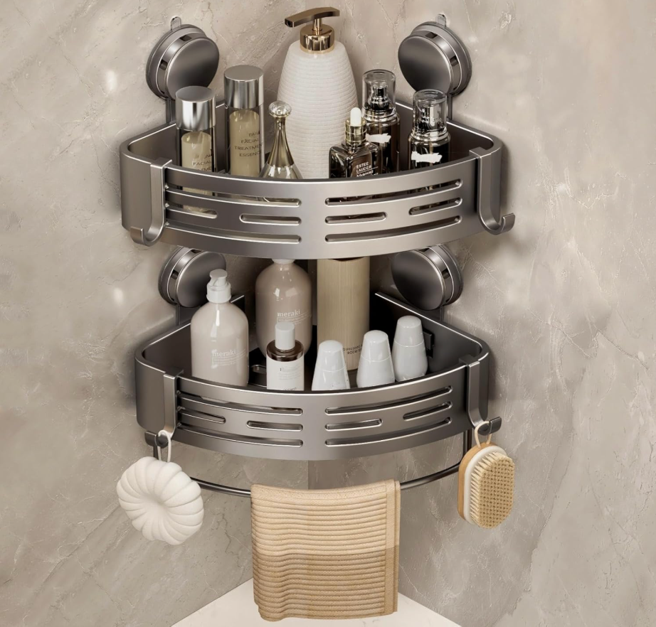VOLPONE Corner Shower Caddy Suction Cup Shower Shelf Corner No Drilling Bathroom Shower Organizer Storage Rack Adhesive with Towel Bar Hooks (2Pack, Matte Gray)