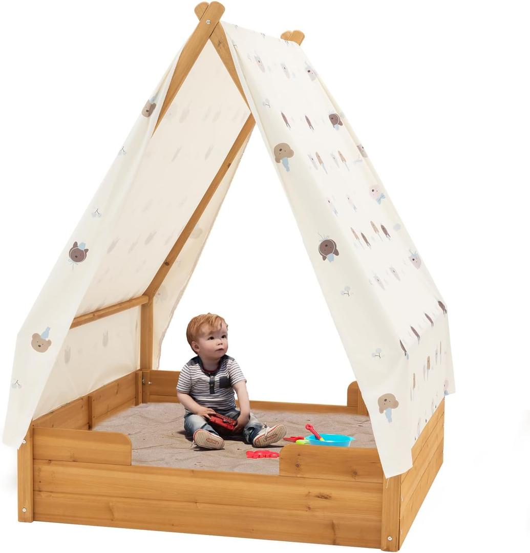 BIRASIL Triangular Wooden Sandbox with Canopy for Aged 3-8 Years Old, Sand Boxes for Backyard Garden, Sand Pit for Beach Patio Outdoor,Indoor and Outdoor Triangular Play Tent