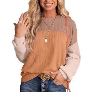 WIHOLL Womens Fall Fashion 2025 Long Sleeve Shirts Color Block Knitted Ribbed Tunic Tops Casual Loose Fit Trendy (L)