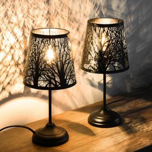 3 Level Dimmable Touch Table Lamps Set of 2, Black Metal Tree Pattern Shadow Lamp, Small Bedside Night Light for Kids, Vintage Accent Decor Lamp Halloween Indoor Mood Lighting Bedroom Living Room