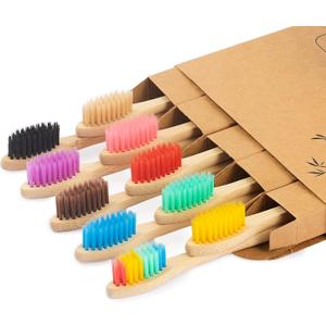 Biodegradable Bamboo Toothbrushes, 10 Piece BPA Free Soft Bristles Toothbrushes, Natural, Eco-Friendly, Green and Compostable (Multicolored Bristles)