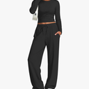 Trendy Queen Women's 2 Piece Matching Lounge Set Long Sleeve Side Ruching Top Wide Leg Drawstring Pants Set with Pockets XL