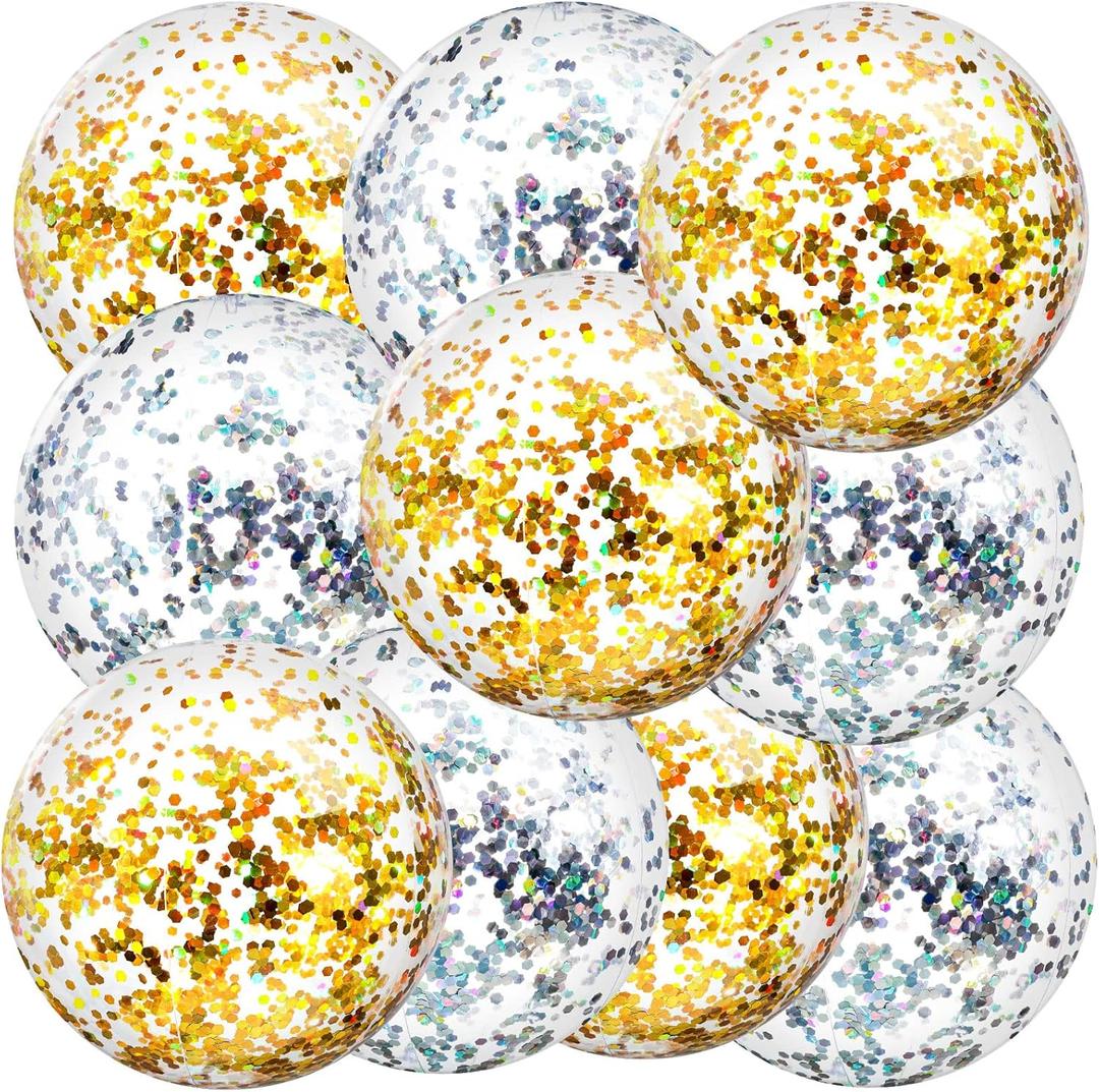 Civaner 10 Pcs Inflatable Glitter Beach Balls 16 Inch Large Sparkly Confetti Pool Balls Clear Blow up Balloon Toys for Wedding Baby Shower Birthday 2026 New Year Party Decoration(Gold, Silver,Glitter)