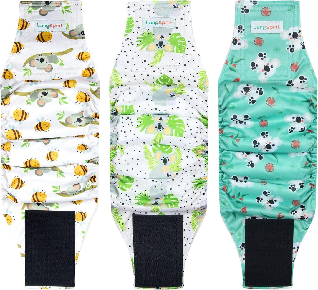 Langsprit Male Belly Bands for Dogs (Pack of 3) - High Absorbing Dog Wraps Male Washable - Reusable Small Doggy Doggie Puppy Dog Diapers (Koala, Medium)
