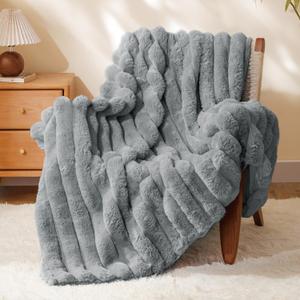 BEDELITE Faux Fur Throw Blanket for Couch, Soft and Cozy Luxurious 3D Striped Fluffy Blanket, 770GSM Thick Warm Plush Fuzzy Faux Rabbit Fur Blanket for Women Gift (Crey, 50"x 60") (01-grey)