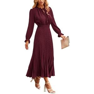 PRETTYGARDEN Women's 2026 Spring Fall Midi Dress Casual Long Sleeve V Neck Swiss Dot Pleated A Line Flowy Dresses Medium