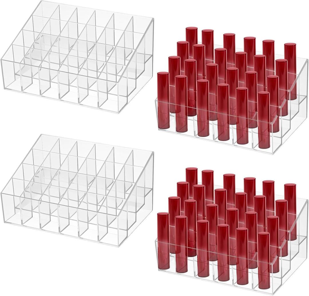 MAQUITA 4 Pieces Lipstick Holder Organizer 24 Slot Acrylic Lipstick Makeup Organizer Case Display Stand Storage Box for Lipsticks Lipgloss Brushes Cosmetics
